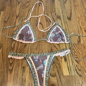 Desigual Brown Bikini Bottom with Mint Green Geometric Trim